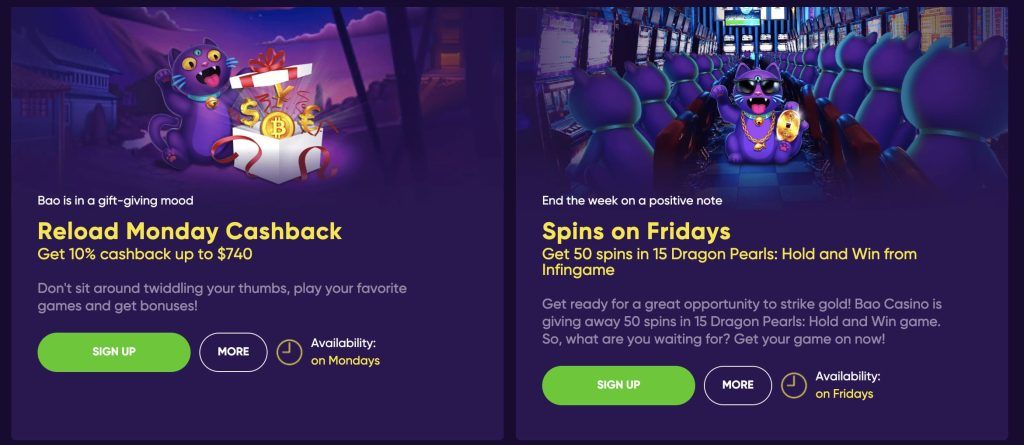 Cashback and free spins at Bao Casino